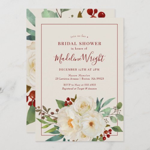 Christmas Floral Watercolor Bridal Shower Invitation