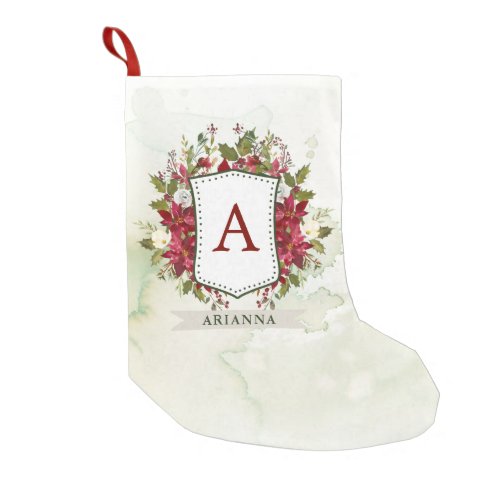 Christmas Floral Watercolor Crest  Monogram Small Christmas Stocking