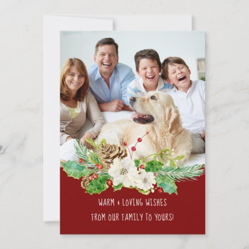 Christmas Floral Watercolor Red Green Gold Photo Holiday Card