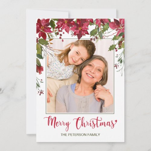 Christmas Floral Watercolor Red Poinsettia Photo Holiday Card