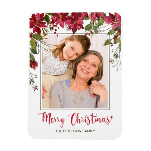 Christmas Floral Watercolor Red Poinsettia Photo Magnet