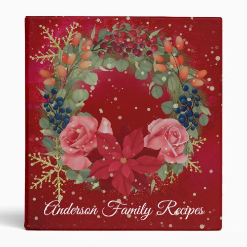 Christmas floral watercolor wreath red poinsettia 3 ring binder