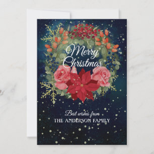 Christmas floral watercolor wreath red poinsettia holiday card