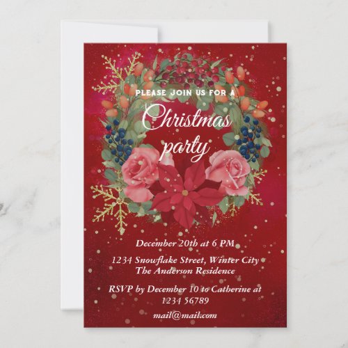Christmas floral watercolor wreath red poinsettia invitation