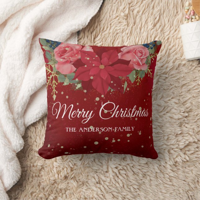 Christmas floral watercolor wreath red poinsettia throw pillow (Blanket)