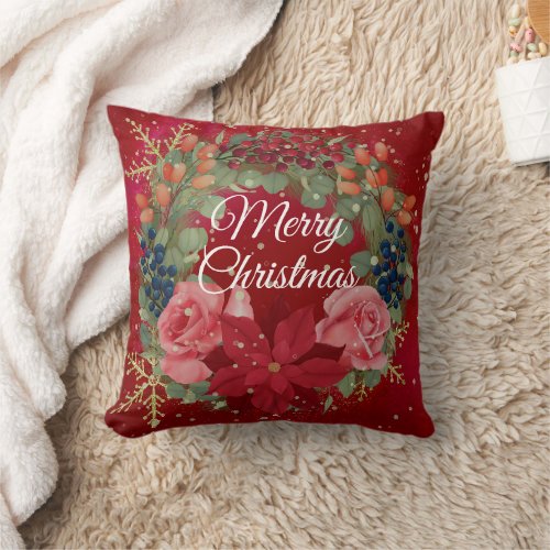 Christmas floral watercolor wreath red poinsettia  throw pillow