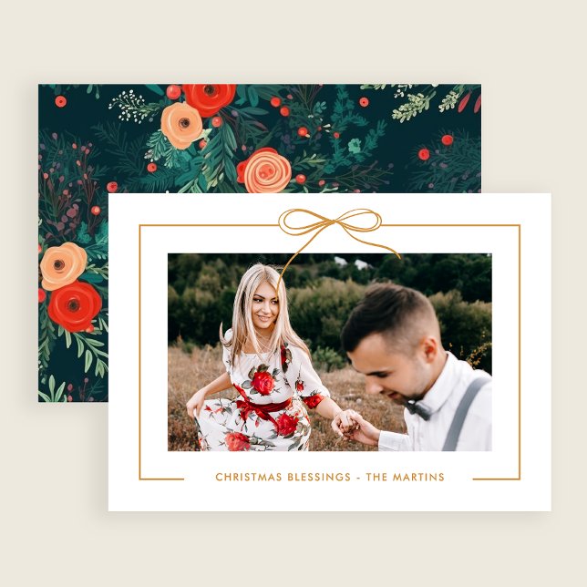 Christmas Floral White Gold Bow Framed Photo Holiday Card (Creator Uploaded)