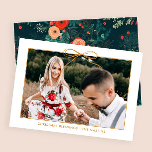 Christmas Floral White Gold Holiday Bow Photo Card