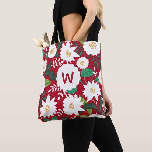 Christmas Floral White Poinsettia on Red Tote Bag