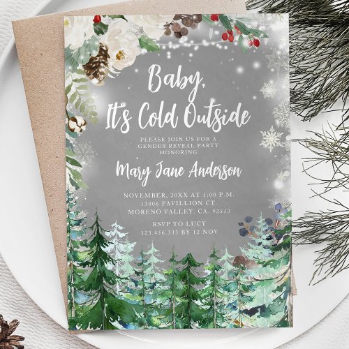 Christmas Floral White Snowflakes Gender Reveal Invitation