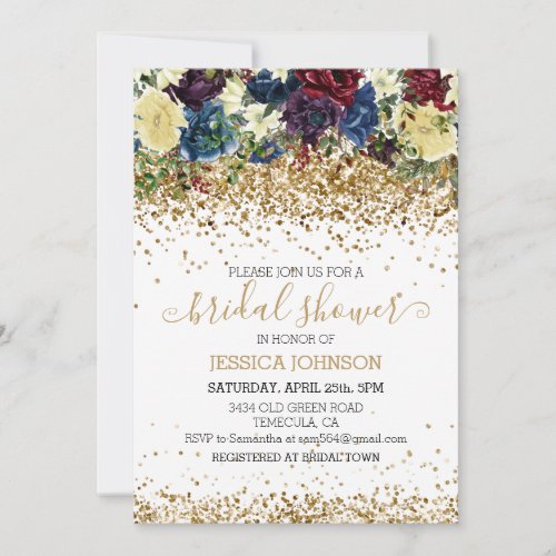 Christmas Floral Winter Bridal Shower Gold Invitation