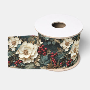Christmas Floral with White Flowers & Greenery Grosgrain Ribbon