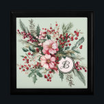 Christmas Floral Wooden Jewelry Keepsake Box<br><div class="desc">Pink and green watercolor Christmas floral design with green leaves and holly berries on a pastel green background. Elegant script monogram. Customize by adding your own initial.</div>