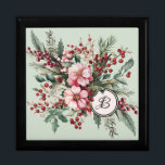 Christmas Floral Wooden Jewelry Keepsake Box<br><div class="desc">Pink and green watercolor Christmas floral design with green leaves and holly berries on a pastel green background. Elegant script monogram. Customize by adding your own initial.</div>