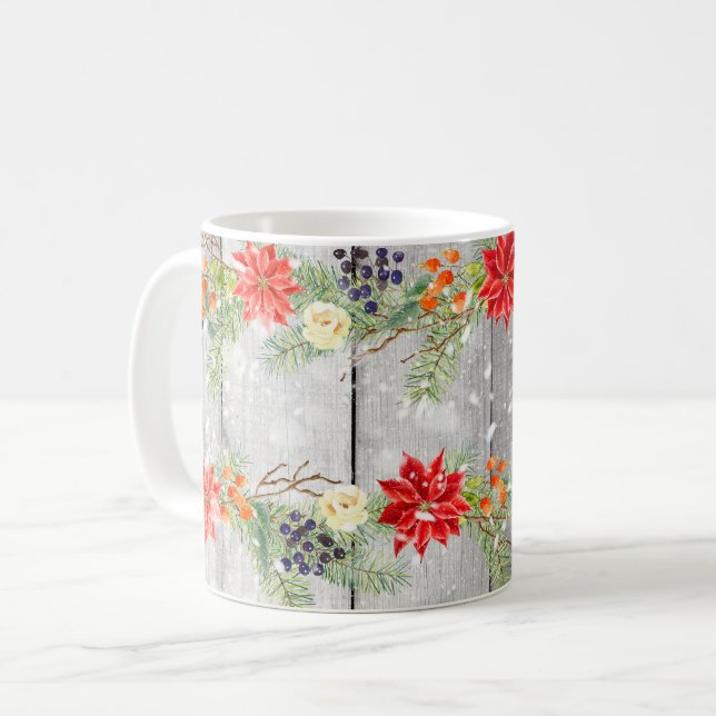 Christmas Floral Wooden Planks Coffee Mug (Front Left)