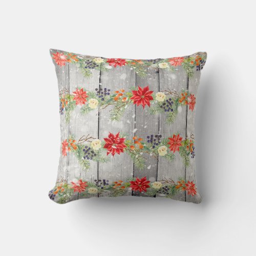 Christmas Floral Wooden Planks Throw Pillow