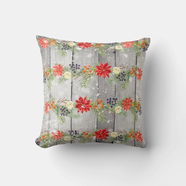 Christmas Floral Wooden Planks Throw Pillow (Front)