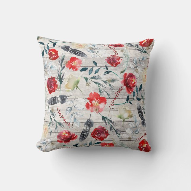 Christmas Floral Wooden Planks Throw Pillow (Front)