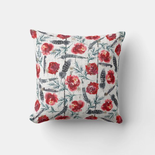 Christmas Floral Wooden Planks Throw Pillow