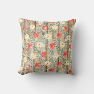 Christmas Floral Wooden Planks Throw Pillow