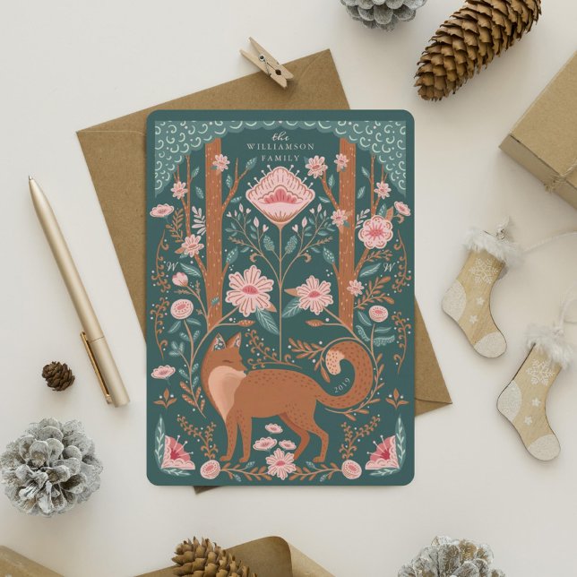 Christmas Floral Woodland Fox Folk Art Green Holiday Card (Christmas Floral Woodland Fox Folk Art Green Holiday Card)
