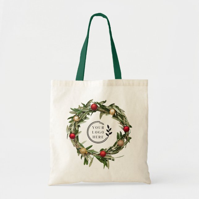 Christmas Floral Wreath Custom Company Logo Budget Tote Bag (Front)
