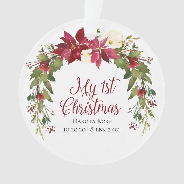 Christmas Floral Wreath First Christmas Baby Photo Ornament (Front)
