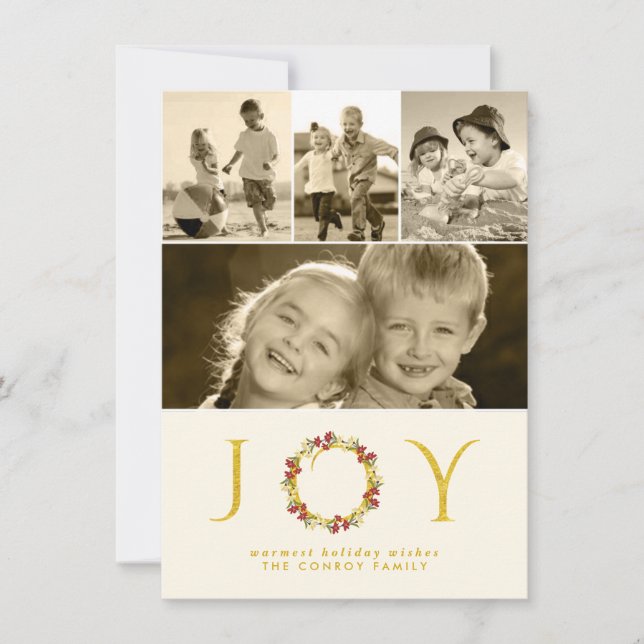 Christmas Floral Wreath Gold Glitter Photo Collage Holiday Card (Front)