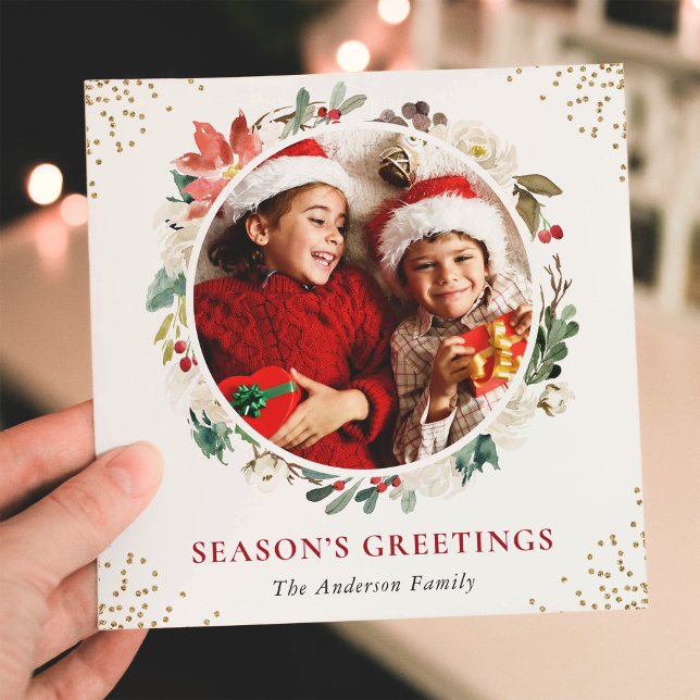 Christmas Floral Wreath Gold Glitters 2 Photo Holiday Card (Sample (Front))