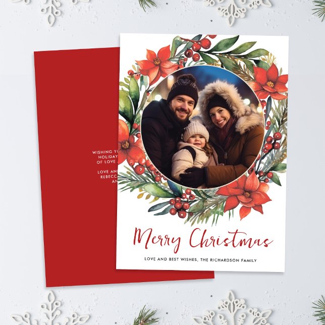 Christmas Floral Wreath Photo Holiday Card (Creator Uploaded)