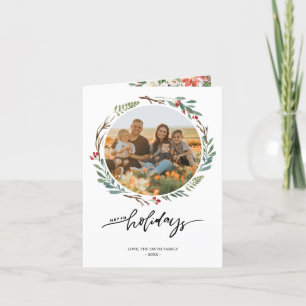Christmas Floral Wreath Season's Greetings 2 Photo Holiday Card