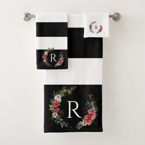 Christmas floral wreath stripes monogram bath towel set