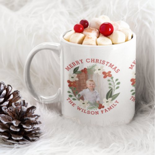 Christmas floral wreath three photo holiday coffee mug