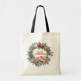 Christmas floral wreath with robin love birds tote bag