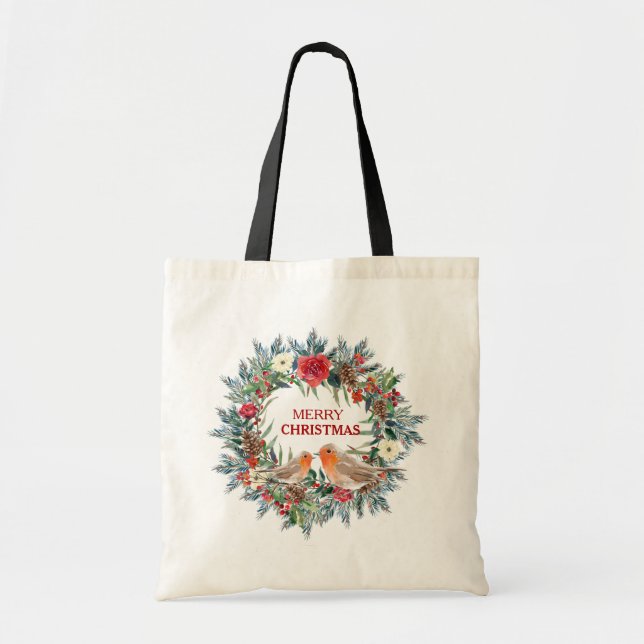 Christmas floral wreath with robin love birds tote bag (Front)