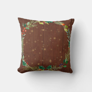 Christmas Floral Wreath Wooden Planks Throw Pillow