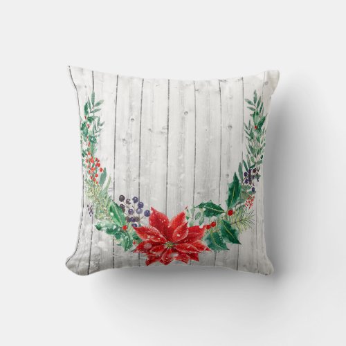 Christmas Floral Wreath Wooden Planks Throw Pillow