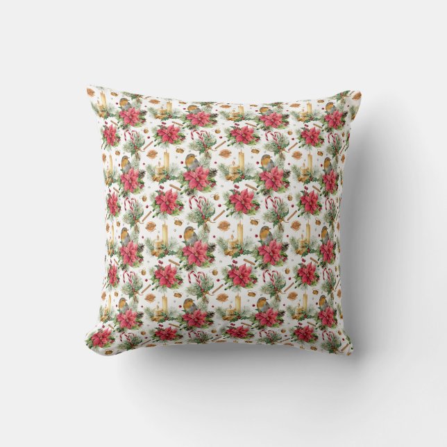 Christmas Florals, Birds, Candles, Candy Canes Throw Pillow (Front)