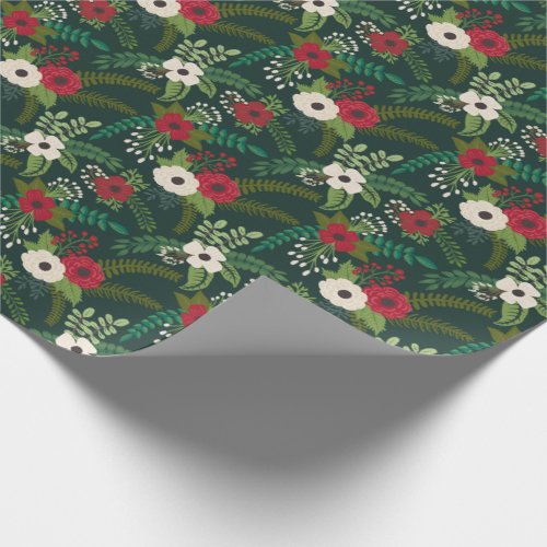Christmas Florals Floral Hunter Green background Wrapping Paper