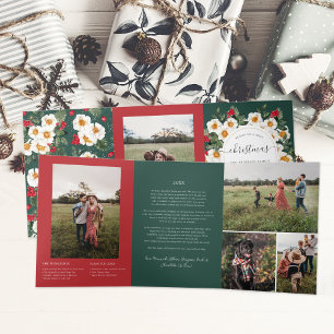 Christmas Florals Red & Green Botanical 5 Photo Tri-Fold Invitation
