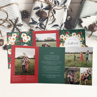 Christmas Florals | Red & Green Botanical 5 Photo Tri-Fold Invitation