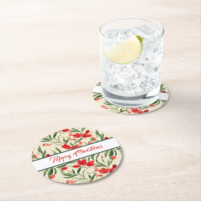 Christmas Florals Round Paper Coaster (Insitu)