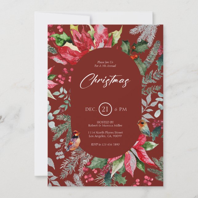 Christmas Flower And Leaves Watercolor 2 Invitation (Front)