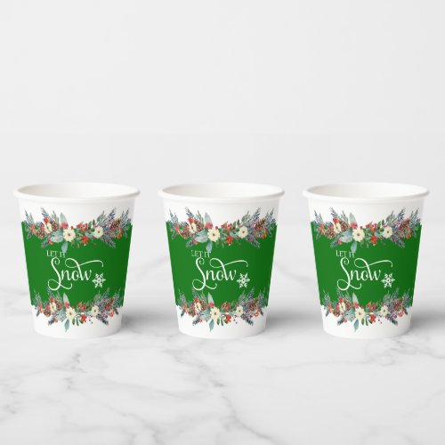 Christmas flower border_Let it snow typography 2 Paper Cups