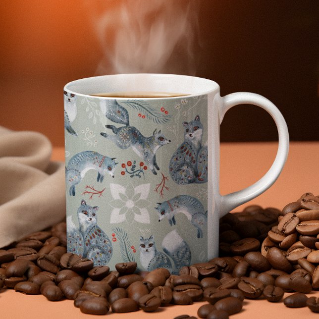 Christmas flower decorated gray foxes pattern coffee mug (Creator Uploaded)