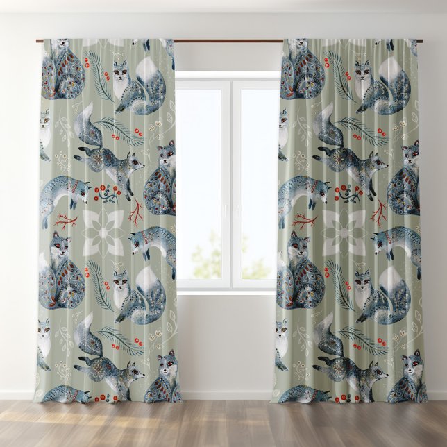 Christmas flower decorated gray foxes pattern sheer curtains (Creator Uploaded)