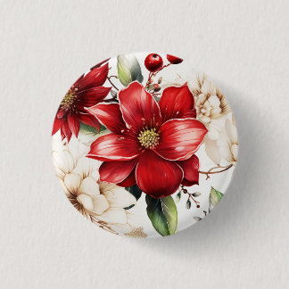 Christmas Flower Poinsettia Red Green Pattern Button