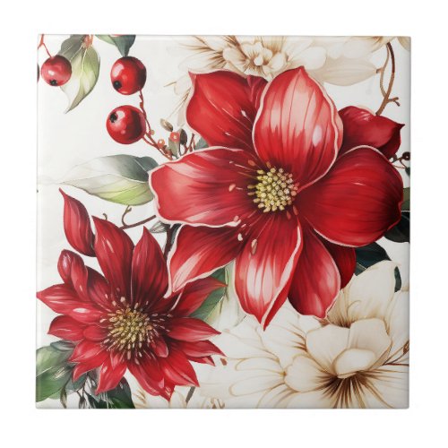 Christmas Flower Poinsettia Red Green Pattern Ceramic Tile