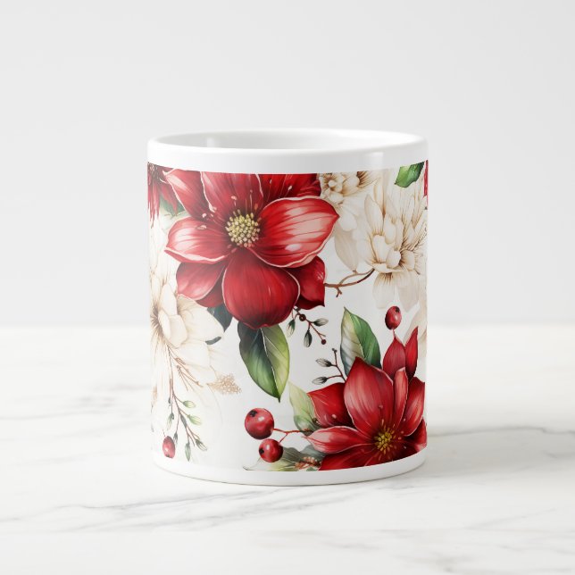Christmas Flower Poinsettia Red Green Pattern Giant Coffee Mug (Front)