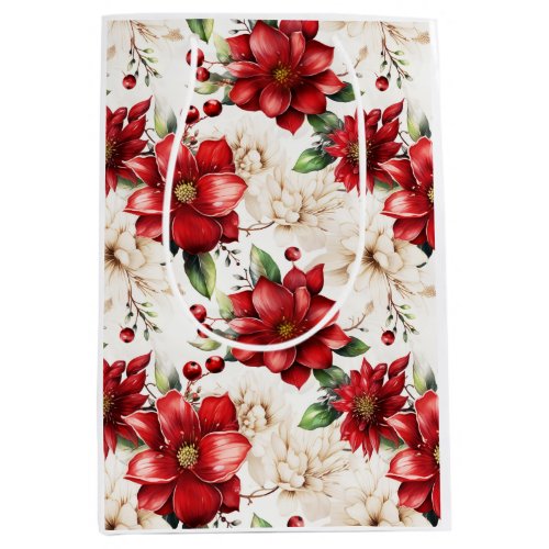 Christmas Flower Poinsettia Red Green Pattern Medium Gift Bag